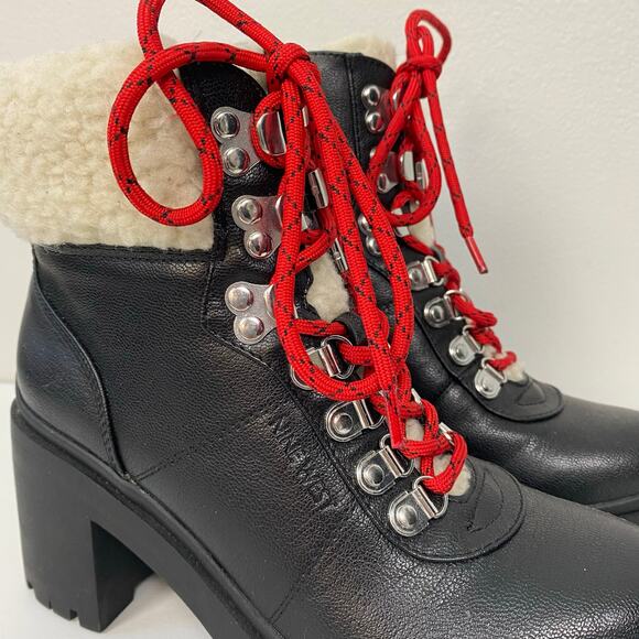 Nine West Quimbie 3 Heeled Sherpa Hiker Boots Leather Zip Red Laces Size 6M - Picture 8 of 9